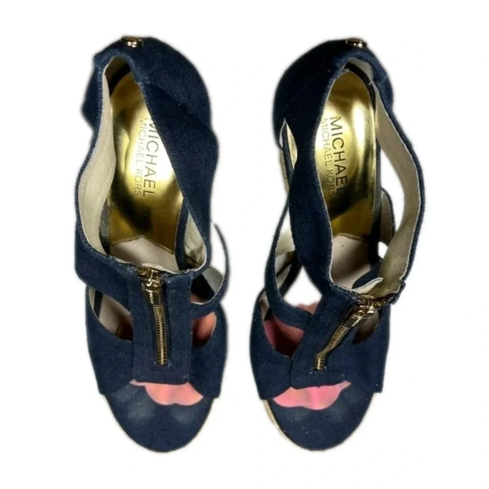 Michael Kors Navy Canvas Espadrille‎ Wedge Sandals Gold Zip Front 6.5M AG12K